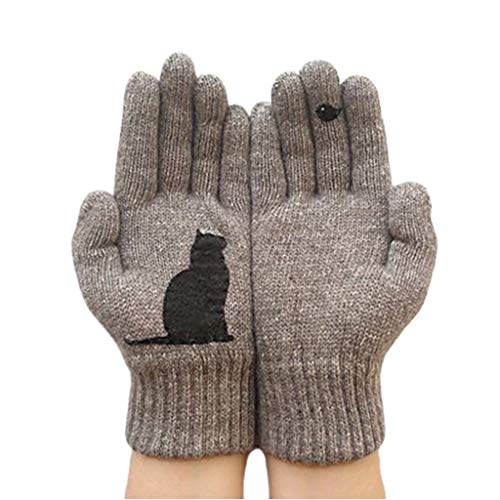 Guantes de equitación Xiuinserty para hombres y mujeres, manoplas de patchwork de invierno de lana sintética gruesa y cálida, guantes de punto de dibujos animados para gato y pájaro caqui