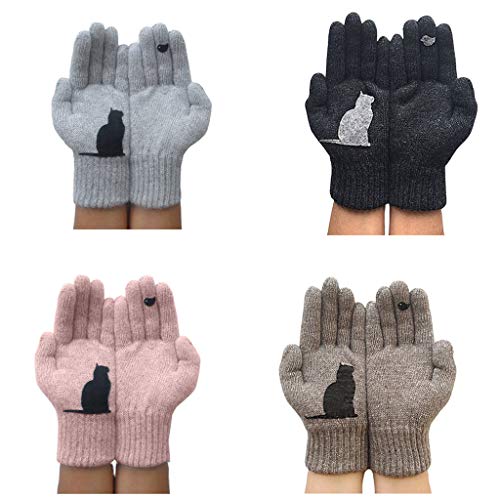 Guantes de equitación Xiuinserty para hombres y mujeres, manoplas de patchwork de invierno de lana sintética gruesa y cálida, guantes de punto de dibujos animados para gato y pájaro caqui