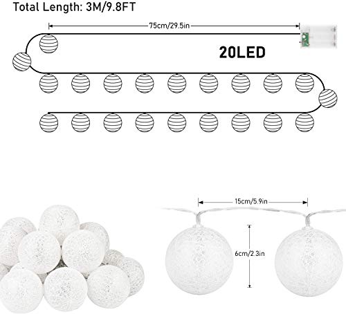 Guirnalda Luminosa de Bolas de algodón, 3M 20 LEDs, Operado con pilas, Cadena de Luces Bolas de Algodón Resistente al agua Guirnalda luminosa Bolas de algodón LED blanco cálido