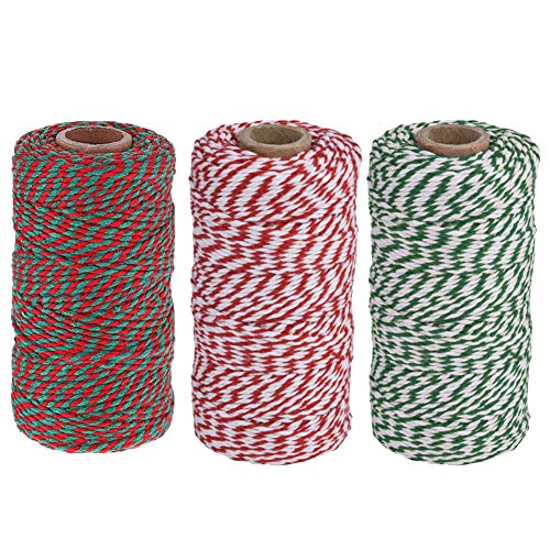 Guita de hilo navideño,hilo de algodón artesanal de 3 rollos Guita de cocina para envolver carnicería de carnicería para hornear,100 m rojo verde blanco cordel duradero para arte artesanal