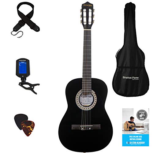 Guitarra acústica 3/4  (91,4 cm), con de cuerdas de nailon para guitarra infantil clásica, color negro