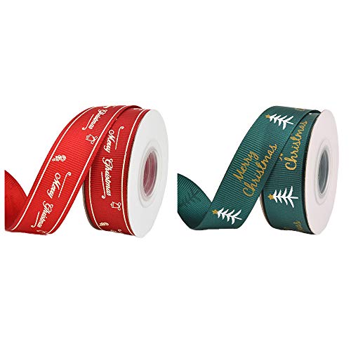 Gurxi 2 Piezas Cinta Grosgrain Verde Roja Navidad Cinta de Raso Navideña Colorida Paquete de Cintas Impresas con Árbol para Envoltura de Regalos Decoración de Festivales Manualidades