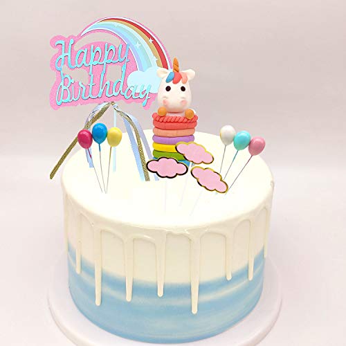 Gwolf Decoracion Tarta Unicornio, Decoración de Pasteles Unicornio, Decoración de la Torta de cumpleaños de Toppers de la Torta Feliz cumpleaños Globos del Arco Iris Nubes cumpleaños de la Torta