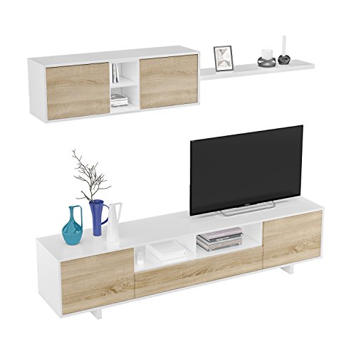 Habitdesign 1F6682BO - Mueble de salón Moderno, modulos Comedor Belus, Medidas: 200 cm x 41 cm de Profundidad (Blanco Brillo - Roble Canadian)