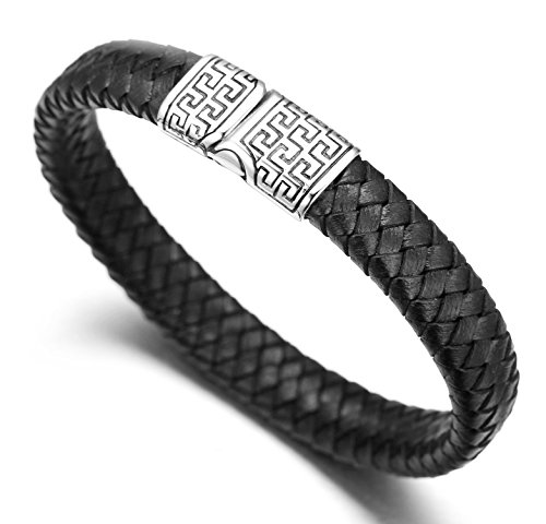 Halukakah ● Solo ● Pulsera Hombre Cuero Genuina Negro Cierre Magnético Titanio Acero Inoxidable 8.46"(21.5cm) con CajaDeRegaloGRATIS