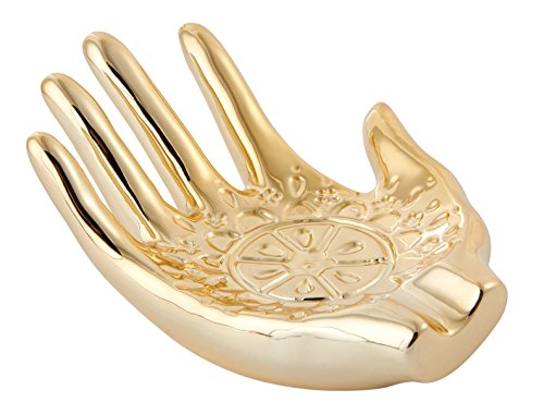 Hamsa mano de cerámica chapada en oro en relieve para anillo y soporte de joyería. Tamaño: 148 x 110 x 60 mm / 5,83 x 4,33 x 2,36 pulgadas