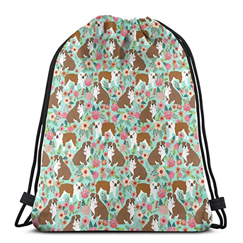 Hangdachang Dj Pizza Cat Mochila con cordón para gimnasio, bolsa de cinch bolsa de cadena Bulldog Inglés Flores