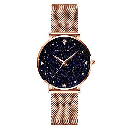 Hannah Martin Japón Cuarzo Estrellado Noche de Acero Inoxidable Malla Impermeable Reloj para Navidad Acción de Gracias