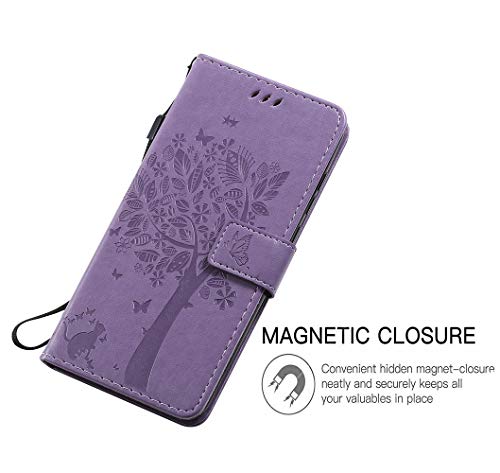 HAOYE Funda para LG K61 Billetera, Diseño de Patrón de Hojas en Relieve Bastante Retro Funda de Cuero, Ultrafino Estuche Protectora para LG K61, Lavanda