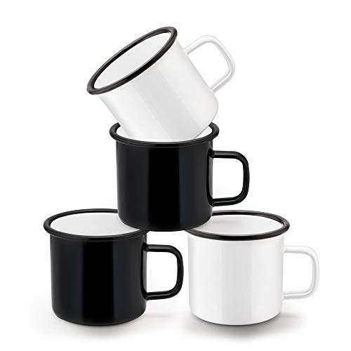 HaWare - Juego de 4 tazas de café esmaltadas, color blanco y negro, ideal para el hogar/oficina/viajes/camping, reutilizable y portátil, 350 ml (12 onzas)