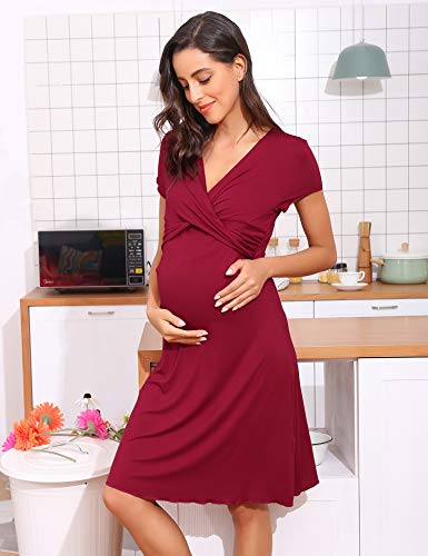 Hawiton Camisón Lactancia Pijama Embarazada Algodón Ropa para Dormir Premamá Manga Corta Hospital Verano (Medium, Vino Rojo)