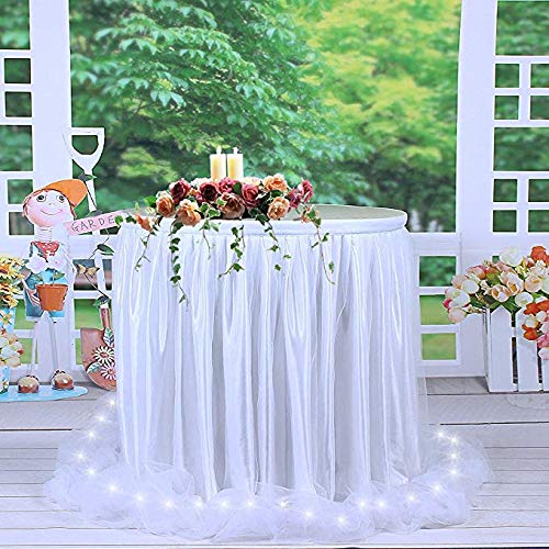 HBBMAGIC Falda de Mesa LED 6 pies de Tul Blanco Falda de Mesa Tutú Mantel de zócalo para rectángulo o Mesa Redonda para Baby Shower Boda y Fiesta de cumpleaños