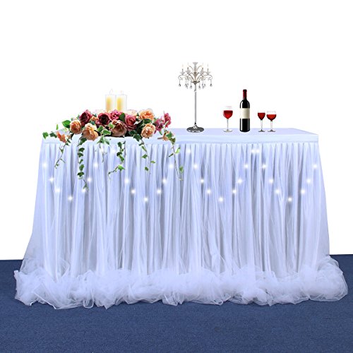 HBBMAGIC Falda de Mesa LED 6 pies de Tul Blanco Falda de Mesa Tutú Mantel de zócalo para rectángulo o Mesa Redonda para Baby Shower Boda y Fiesta de cumpleaños