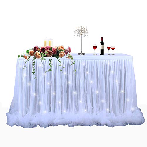 HBBMAGIC Falda de Mesa LED 6 pies de Tul Blanco Falda de Mesa Tutú Mantel de zócalo para rectángulo o Mesa Redonda para Baby Shower Boda y Fiesta de cumpleaños