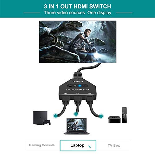 HDMI Switch, Techole 3 Puertos Switch HDMI 3 Entradas 1 Salida Soporta 4K@30Hz, UHD, 3D y 1080P, Ladron HDMI Conmutador para PC, PS4, PS3, Xbox, BLU-Ray, HDTV, DVD, DVR, Proyector (3 In 1 out)