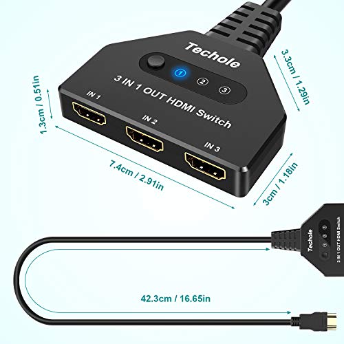 HDMI Switch, Techole 3 Puertos Switch HDMI 3 Entradas 1 Salida Soporta 4K@30Hz, UHD, 3D y 1080P, Ladron HDMI Conmutador para PC, PS4, PS3, Xbox, BLU-Ray, HDTV, DVD, DVR, Proyector (3 In 1 out)