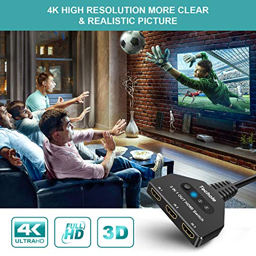 HDMI Switch, Techole 3 Puertos Switch HDMI 3 Entradas 1 Salida Soporta 4K@30Hz, UHD, 3D y 1080P, Ladron HDMI Conmutador para PC, PS4, PS3, Xbox, BLU-Ray, HDTV, DVD, DVR, Proyector (3 In 1 out)