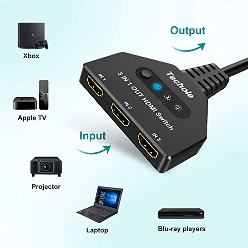 HDMI Switch, Techole 3 Puertos Switch HDMI 3 Entradas 1 Salida Soporta 4K@30Hz, UHD, 3D y 1080P, Ladron HDMI Conmutador para PC, PS4, PS3, Xbox, BLU-Ray, HDTV, DVD, DVR, Proyector (3 In 1 out)