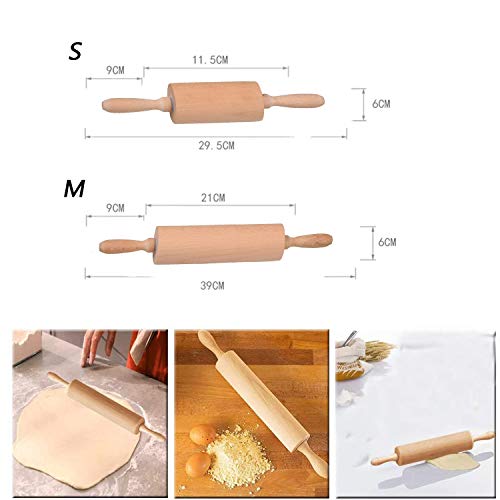 HENJI Rodillo amasar de Madera de Haya Maciza, Antiadherente con Asas de Madera para Pasta, Pastelería, Fondant, Tarta Corteza, Pizza, Pasteles de Masa, etc (M 41 * 5.5cm)