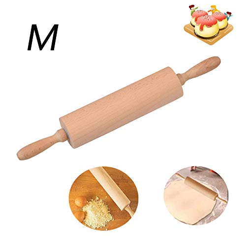 HENJI Rodillo amasar de Madera de Haya Maciza, Antiadherente con Asas de Madera para Pasta, Pastelería, Fondant, Tarta Corteza, Pizza, Pasteles de Masa, etc (M 41 * 5.5cm)