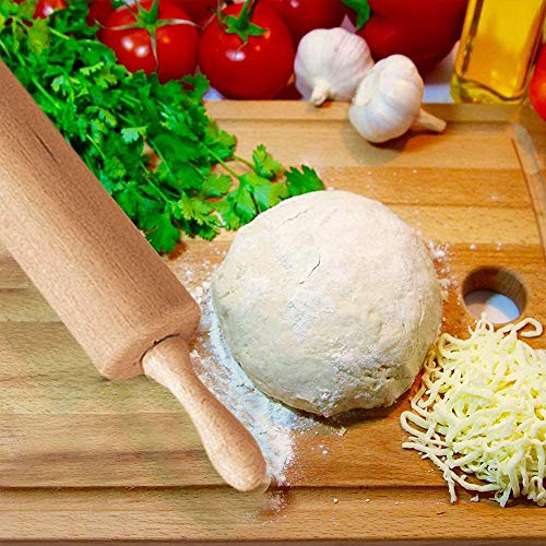 HENJI Rodillo amasar de Madera de Haya Maciza, Antiadherente con Asas de Madera para Pasta, Pastelería, Fondant, Tarta Corteza, Pizza, Pasteles de Masa, etc (M 41 * 5.5cm)