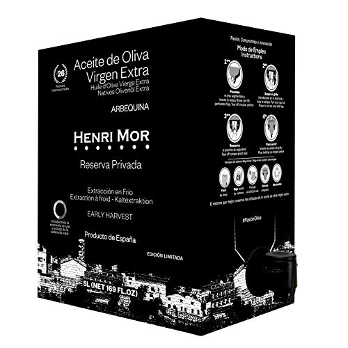 Henri Mor – Aceite de Oliva Virgen Extra Arbequina. Bag in box 5L con grifo antigoteo – Premio Prestige Gold TerraOlivo y Oro Olive Japan - Reserva privada, extracción en frío