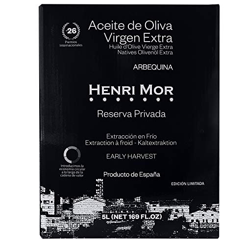 Henri Mor – Aceite de Oliva Virgen Extra Arbequina. Bag in box 5L con grifo antigoteo – Premio Prestige Gold TerraOlivo y Oro Olive Japan - Reserva privada, extracción en frío