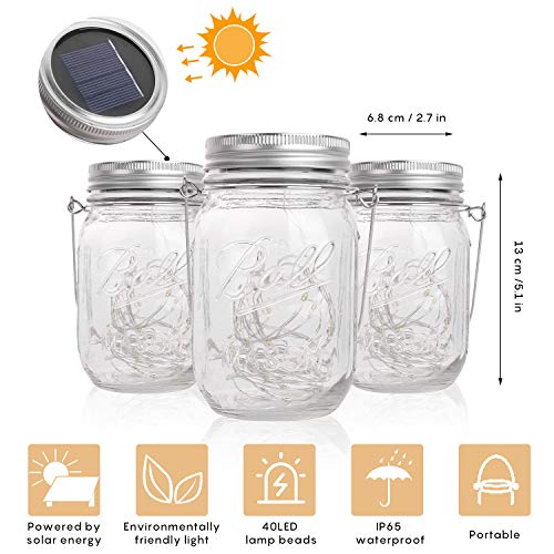 Herefun Luces De Jardin Solares, Lámpara Solar Mason Jar Tarro Cristal Luces de Hadas 40 LED Impermeable Lampara Iluminación Para Terraza, Jardín, Patio Fiesta [Clase de eficiencia energética A]