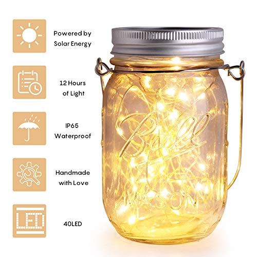 Herefun Luces De Jardin Solares, Lámpara Solar Mason Jar Tarro Cristal Luces de Hadas 40 LED Impermeable Lampara Iluminación Para Terraza, Jardín, Patio Fiesta [Clase de eficiencia energética A]