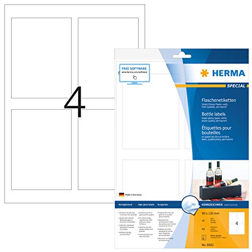 Herma 8882 - Paquete de 40 etiquetas adhesivas rectangulares (90 x 120 mm, especiales para botellas), color blanco brillante