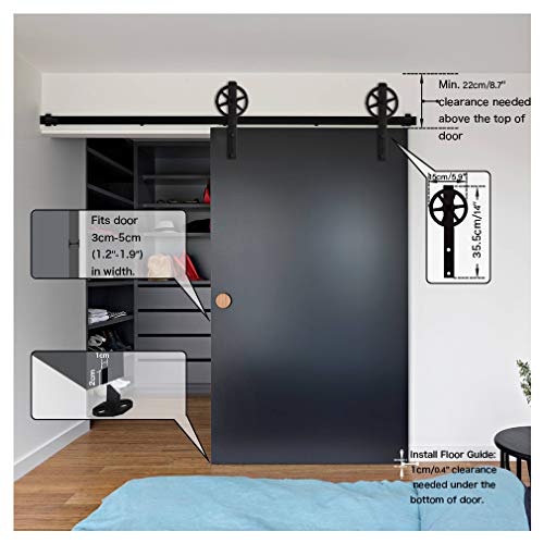 Herraje Puerta Corredera 200cm/6.6ft Negro, CCJH Riel Puerta Corredera Armario, Adecuado para 1 Puerta de 100 cm de Ancho [I Shape Big Wheel Hanger]