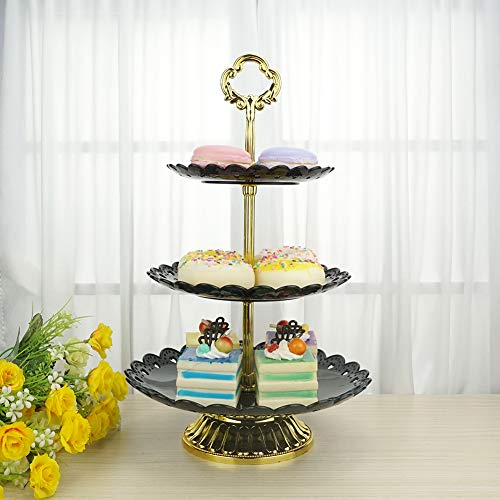 Hetoco 3 Pisos Negro Dorado Bandeja de Tartas con la Base Torre de Postres Soporte para Tartas Cupcakes Food Dessert al Pomeriggio Tea Party Compleanno