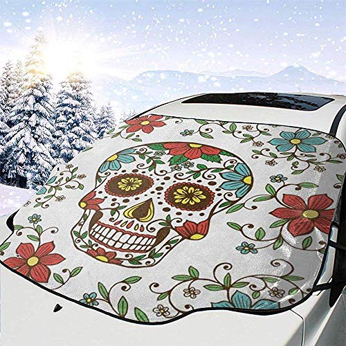 Hiram Cotton Car Sunshade Cubierta De Parabrisas De Coche Floral con Calavera De Azúcar para Hielo, Nieve, Sol Y Escarcha, Protector De Persianas para Ventana Delantera Automática para Invierno