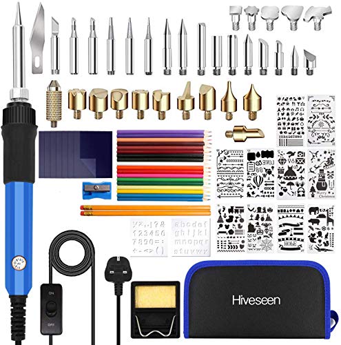 Hiveseen 76PCs Kit Pirograbador de Madera, 60W Temperatura Regulable(200-450℃), 1.4m Cable con interruptor, Soldador Pirografo Electrico Profesional Para Madera, Cuero, Escultura Grabado