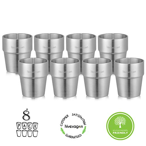 Hivexagon Vasos de Cerveza de Acero Juego de 8 Tazas de Doble Pared de Acero Inoxidable de 300 ml - Perfecto para Bebidas Frías - Apto para Lavavajillas HG298