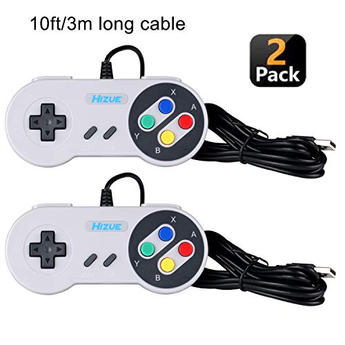 Hizue Mando Snes Usb (2 Pack,10ft/3M), Super Snes Controller Gamepad Joystick para PC,MAC,Windows,Ubuntu Linux,Android/RetroPie,Raspberry Pi 3,Recalbox/Genesis,SNES,NES