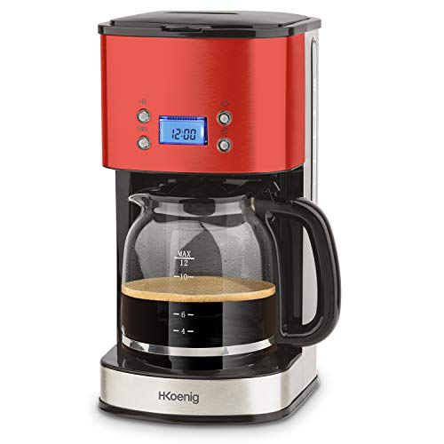 H.Koenig Cafetera de Goteo Programable, 12 Tazas, 1.5 Litro, 1000 W, Jarra de Vidrio, Rojo, Acero Inoxidable MG30, 1.8 litros, plástico