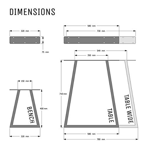 [HLC] 2 x patas de mesa industriales de trapecio: acero acondicionado de superficie, soldadura TIG con tornillos GRATUITOS, guía de construcción y protectores de suelo [Mesa, Negro satinado]