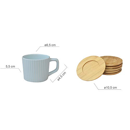 Hogar y Mas Juego de Café Azul Moderno, 6 Tazas con Platos de Bambú. Tazas de Café 6 Unidades, 100 ml