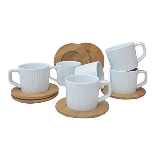 Hogar y Mas Juego de Café Azul Moderno, 6 Tazas con Platos de Bambú. Tazas de Café 6 Unidades, 100 ml