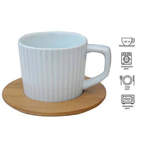 Hogar y Mas Juego de Café Azul Moderno, 6 Tazas con Platos de Bambú. Tazas de Café 6 Unidades, 100 ml