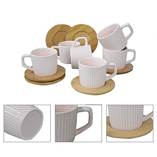 Hogar y Mas Juego de Café Natura Rosa Palo Moderno, 6 Tazas con Platos de Bambú. Tazas de Café 6 Unidades, 100 ml