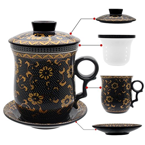 HOLLIHI porcelana taza de té con tapa y platillo infusor Sets – chino Jingdezhen cerámica taza de café de té sistema de preparación de té para oficina en casa