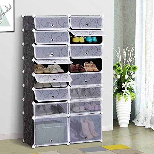 HOMCOM Armario Modular Estantería por Módulos Montaje en Bricolaje Armario Extraíble de 16 Cubos con Puertas para Almacenamiento de Zapatos Ropa Libros 95x37x160cm Blanco y Negro