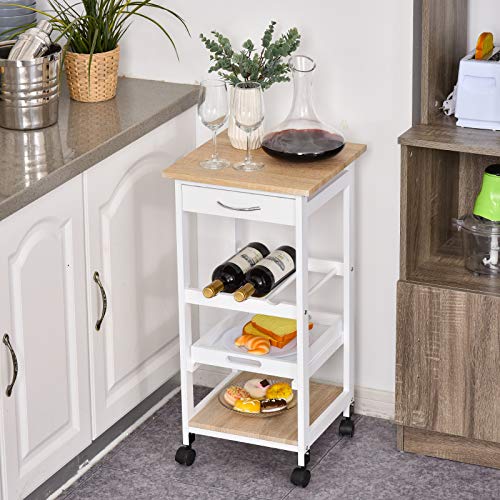 HOMCOM Carrito de Cocina Carro de Servicio de 4 Niveles con Ruedas Giratorias Cajón Estantes Botellero Almacenaje para Cocina Sala de Estar Comedor 37x37x76 cm Blanco