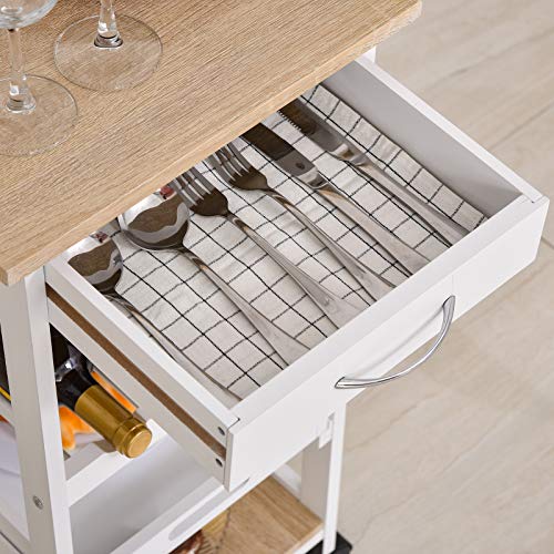 HOMCOM Carrito de Cocina Carro de Servicio de 4 Niveles con Ruedas Giratorias Cajón Estantes Botellero Almacenaje para Cocina Sala de Estar Comedor 37x37x76 cm Blanco