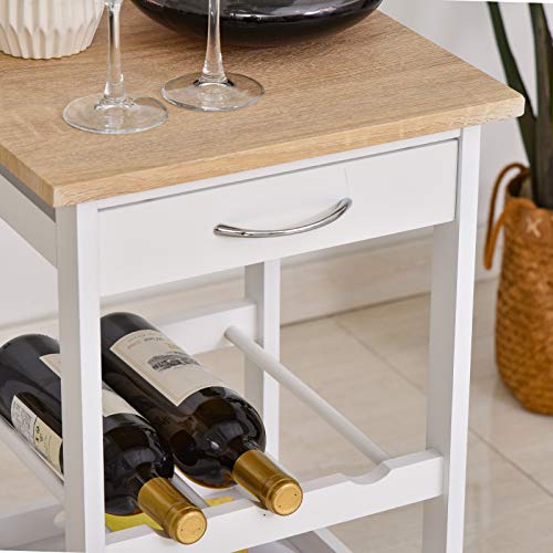 HOMCOM Carrito de Cocina Carro de Servicio de 4 Niveles con Ruedas Giratorias Cajón Estantes Botellero Almacenaje para Cocina Sala de Estar Comedor 37x37x76 cm Blanco