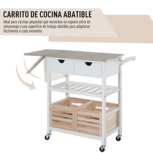 HOMCOM Carro de Cocina Carrito de Servir Carrito Auxiliar con Botellero con Tablero Extensible Botellero Cestas Extraíble 70x40x86cm Madera