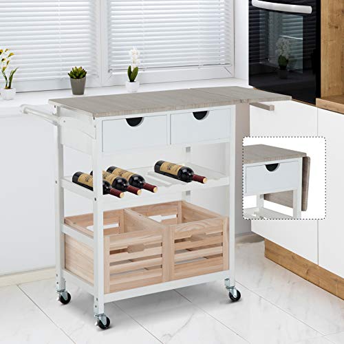 HOMCOM Carro de Cocina Carrito de Servir Carrito Auxiliar con Botellero con Tablero Extensible Botellero Cestas Extraíble 70x40x86cm Madera