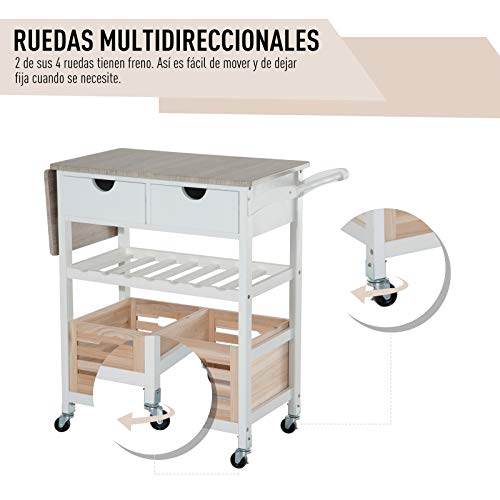 HOMCOM Carro de Cocina Carrito de Servir Carrito Auxiliar con Botellero con Tablero Extensible Botellero Cestas Extraíble 70x40x86cm Madera